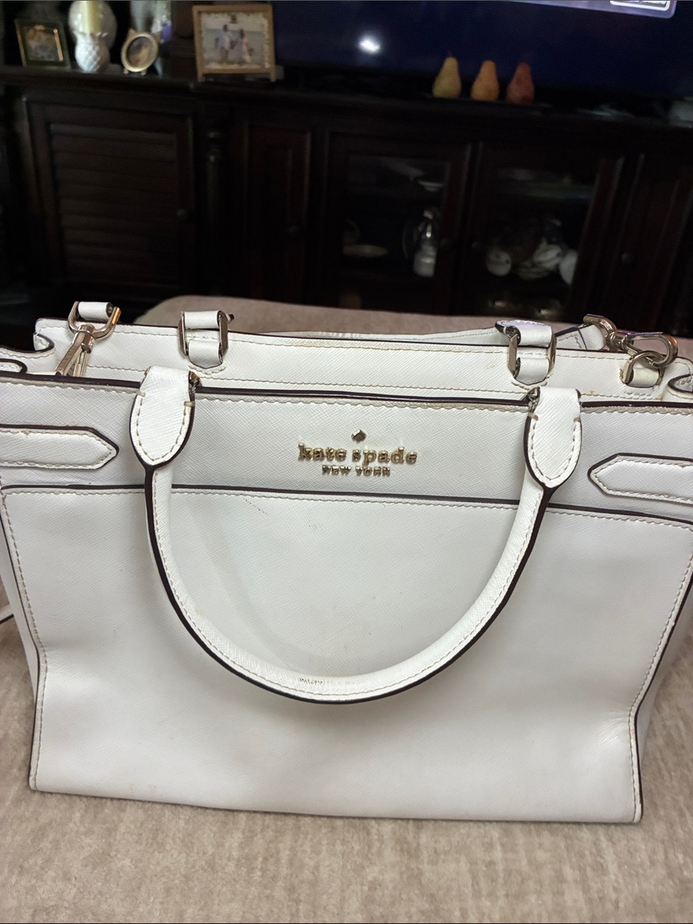 kate spade White Leather Satchel with Gold-Tone Logo